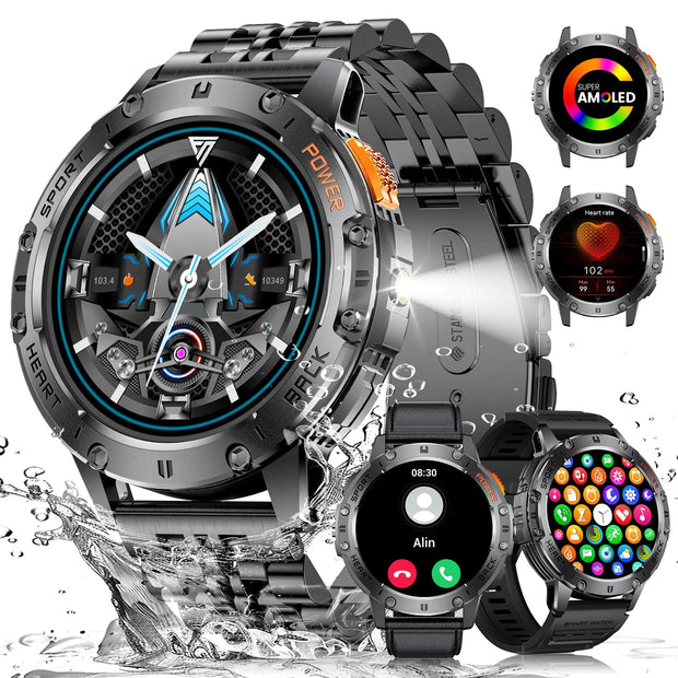 ESFOE Smart Watches for Men(3 Straps)143 AMOLED Military Smart Watch for Men with LED Flashlight/530mAh Large Battery/5ATM WaterproofFitness Tracker Smartwatch with Answer/Make Call iOS Android