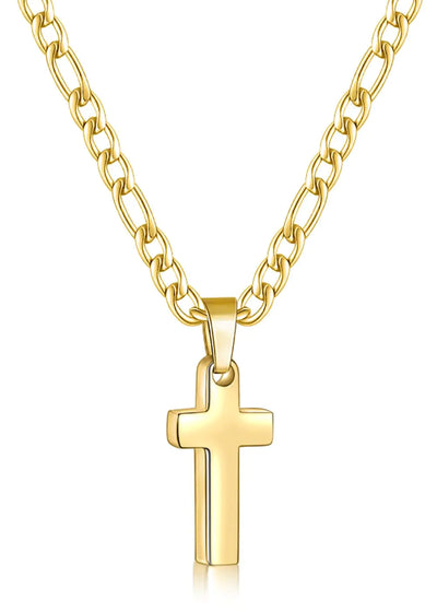 Fiusem Cross Necklace for Men Stainless Steel Mens Cross Necklaces with 3.5mm Figaro Cross Chain Gold Plated Tiny Cross Chain Necklace 18Inch