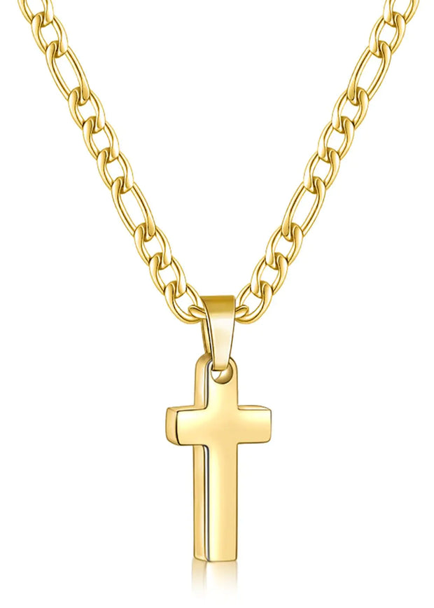Fiusem Cross Necklace for Men Stainless Steel Mens Cross Necklaces with 3.5mm Figaro Cross Chain Gold Plated Tiny Cross Chain Necklace 18Inch
