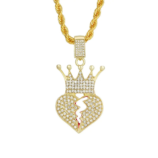 PAMTIER Mens Iced Out Full Diamond Broken Heart Pendant Necklace Chain Silver Gold (Crown Heart Gold)