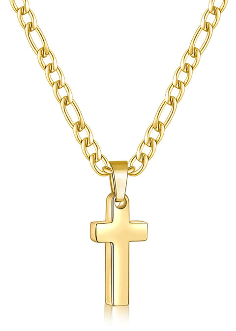 Fiusem Cross Necklace for Men Stainless Steel Mens Cross Necklaces with 3.5mm Figaro Cross Chain Gold Plated Tiny Cross Chain Necklace 18Inch